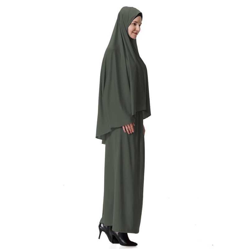 XINFU Muslim Islamic Women's khimar 2pcs Sets Soft Distinctive Prayer Dress Hijab Abaya Suit - Armygreen - Image 3